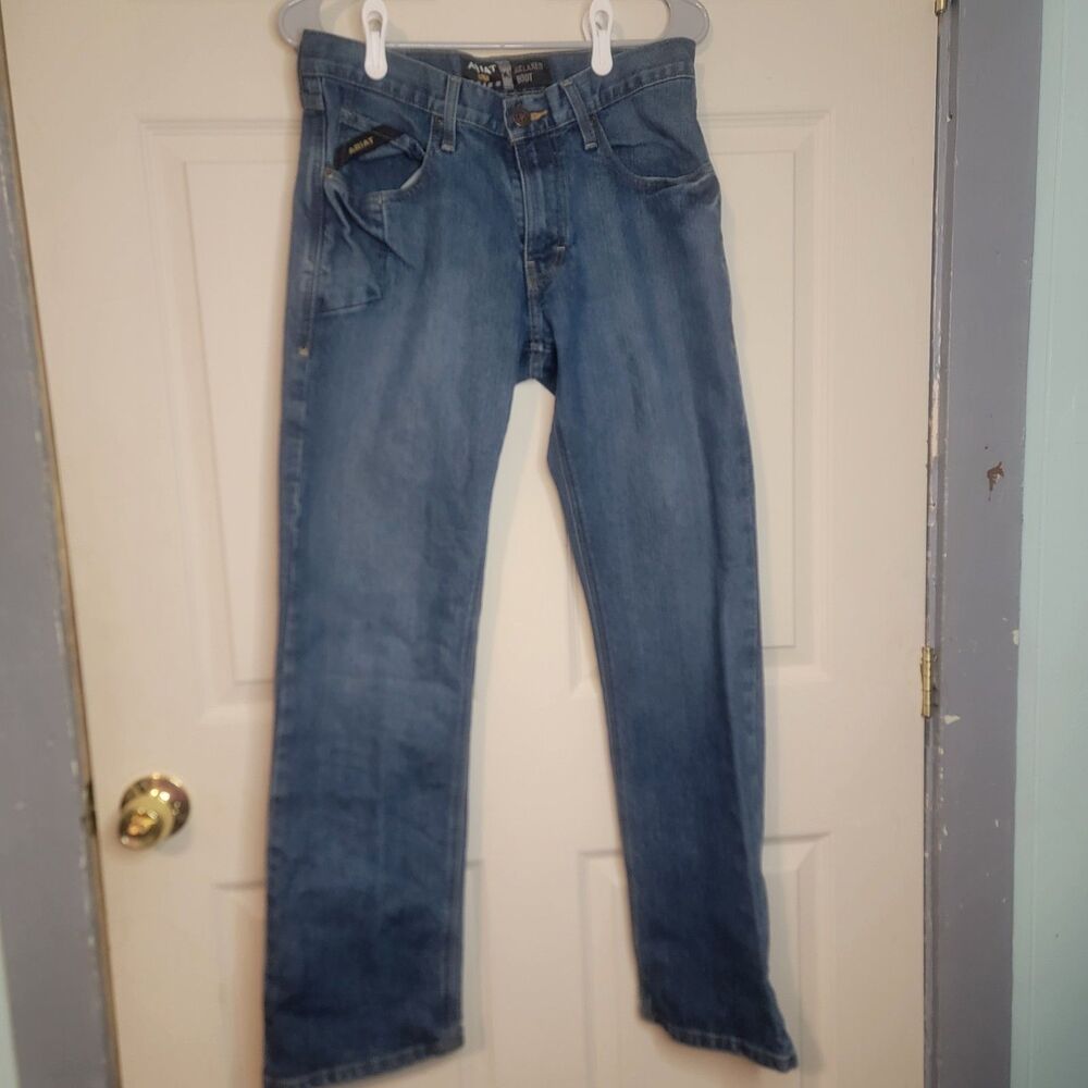 Ariat Mens 30x32 M4 Low Rise Boot Cut Jeans Medium Wash Stretch Distressed
